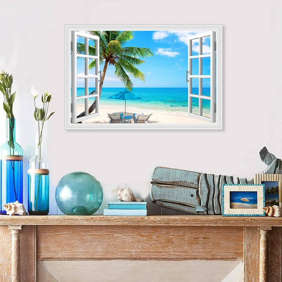 Beach Palm Tree Canvas Wall Art Fake Open Window Ocean Scene Picture Print with Framed for Blue Teal Home Decor 36 x 24