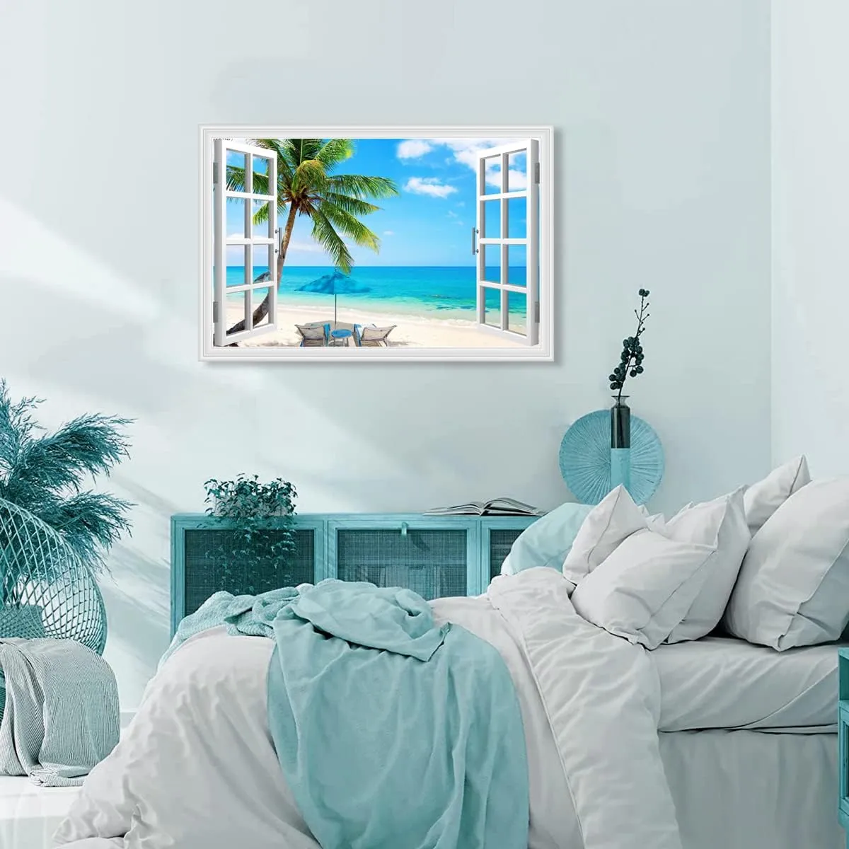Beach Palm Tree Canvas Wall Art Fake Open Window Ocean Scene Picture Print with Framed for Blue Teal Home Decor 36 x 24