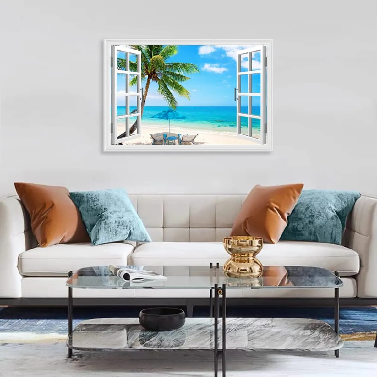 Beach Palm Tree Canvas Wall Art Fake Open Window Ocean Scene Picture Print with Framed for Blue Teal Home Decor 36 x 24