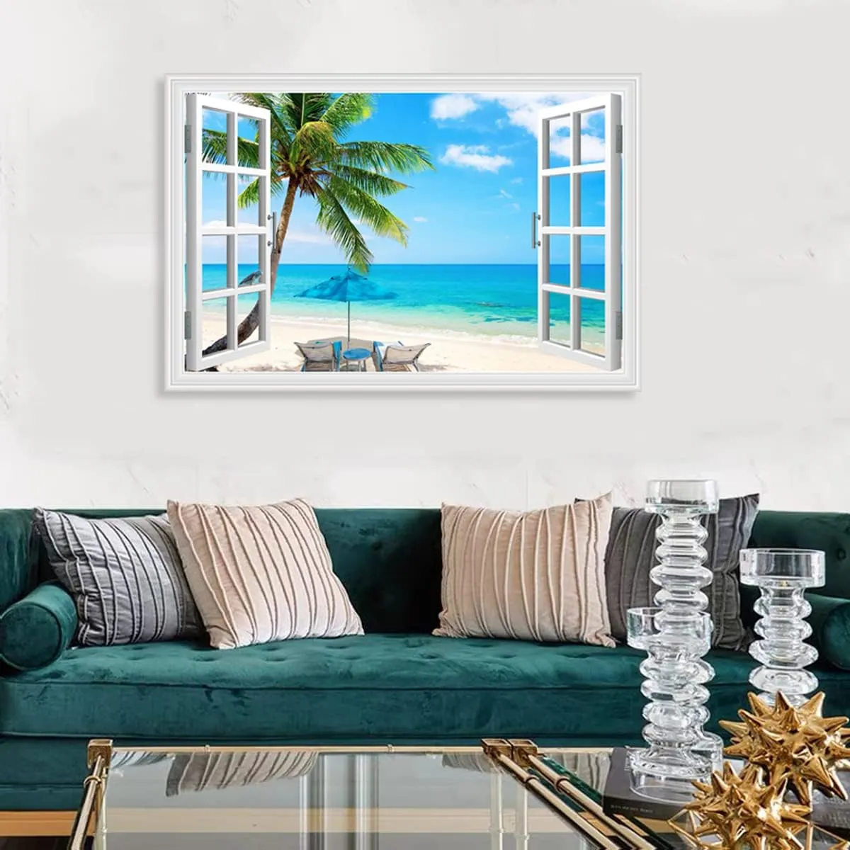 Beach Palm Tree Canvas Wall Art Fake Open Window Ocean Scene Picture Print with Framed for Blue Teal Home Decor 36 x 24