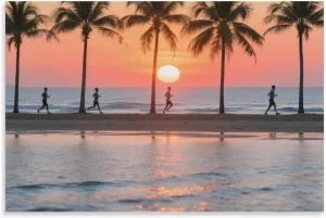 Beach Sunset & Runners Canvas Art - Dynamic Watercolor Landscape, Coastal Gym & Spa Décor Energy & Gift Unframe-style-14 12x18inch(30x45cm)
