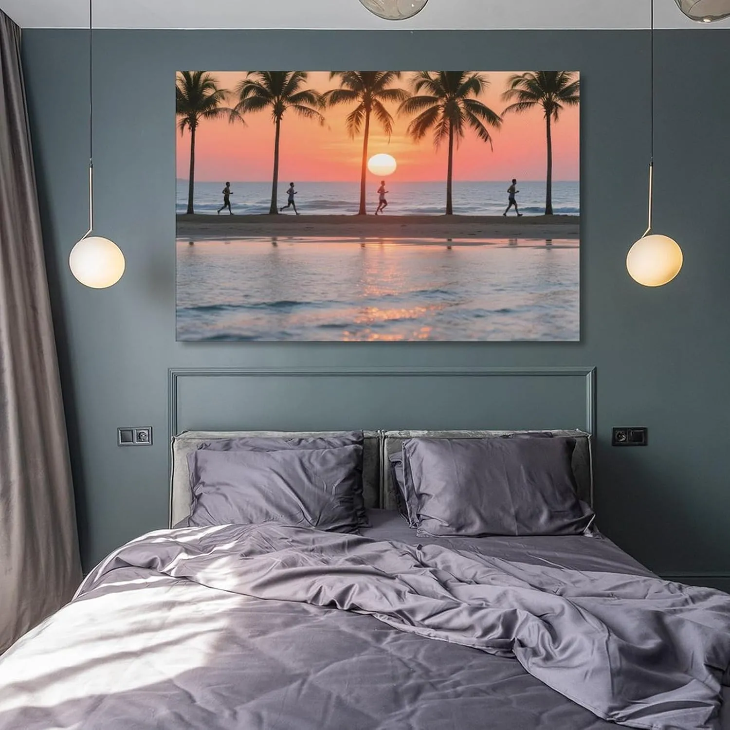 Beach Sunset & Runners Canvas Art - Dynamic Watercolor Landscape, Coastal Gym & Spa Décor Energy & Gift Unframe-style-14 12x18inch(30x45cm)