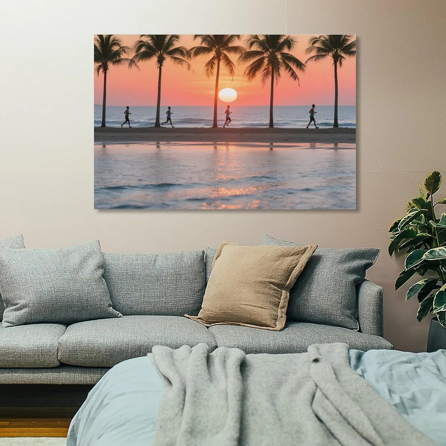 Beach Sunset & Runners Canvas Art - Dynamic Watercolor Landscape, Coastal Gym & Spa Décor Energy & Gift Unframe-style-14 12x18inch(30x45cm)