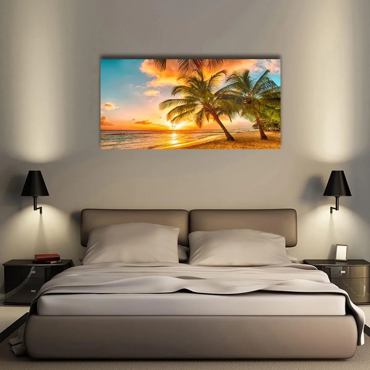 Beach Themed Wall Art Canvas Prints Seascape Picture Bathroom Décor Ocean Tree Sunset Paintings for Living Room Bedroom Office Home Kitchen Decorations 28x57 Wooden Framed Natural Landscape Artwork