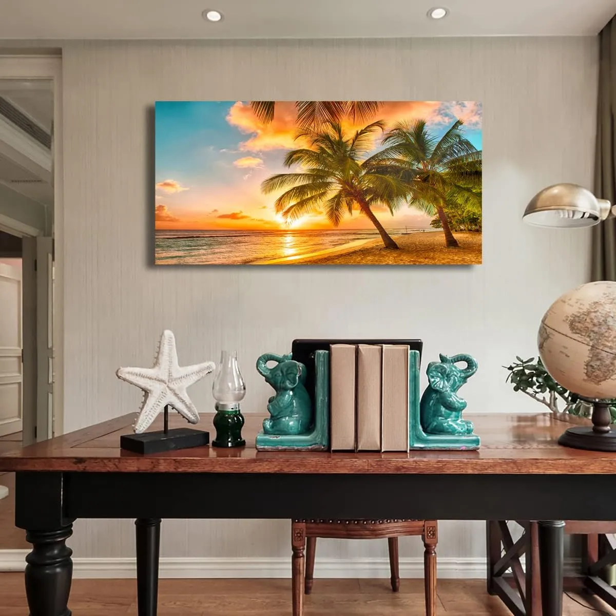 Beach Themed Wall Art Canvas Prints Seascape Picture Bathroom Décor Ocean Tree Sunset Paintings for Living Room Bedroom Office Home Kitchen Decorations 28x57 Wooden Framed Natural Landscape Artwork
