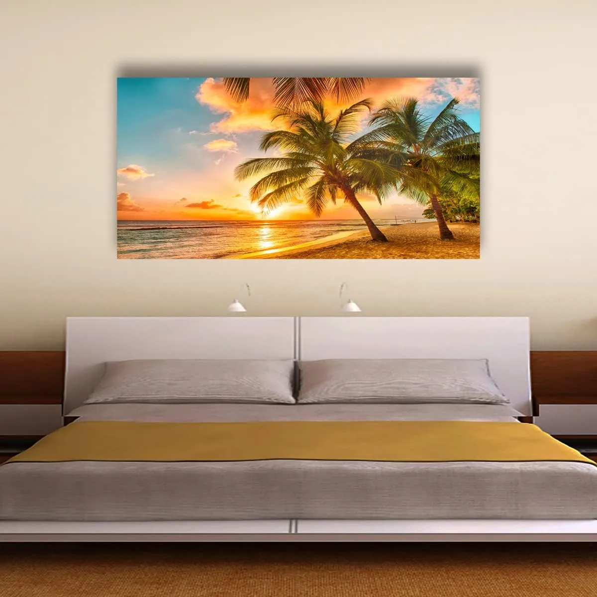Beach Themed Wall Art Canvas Prints Seascape Picture Bathroom Décor Ocean Tree Sunset Paintings for Living Room Bedroom Office Home Kitchen Decorations 28x57 Wooden Framed Natural Landscape Artwork