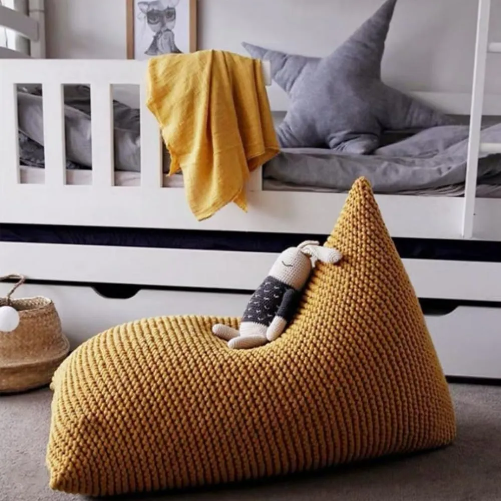 Bean Bag Chair Chenille Chunky Knit Bean Bag Cover No Filler Comfy Pouf Ottoman Kids Adults Beanbag Chair Lazy Couch Floor Seating Reading Gaming Living Room Furniture(Ginger Yellow,110x70cm)