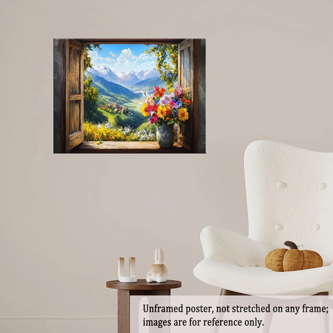 Beautiful Summer Alpine Landscape Open Window Canvas Print, Mountain Wall Art for Bedroom, Faux Window Poster-24x36Inch Ready to Hang(Unframed)