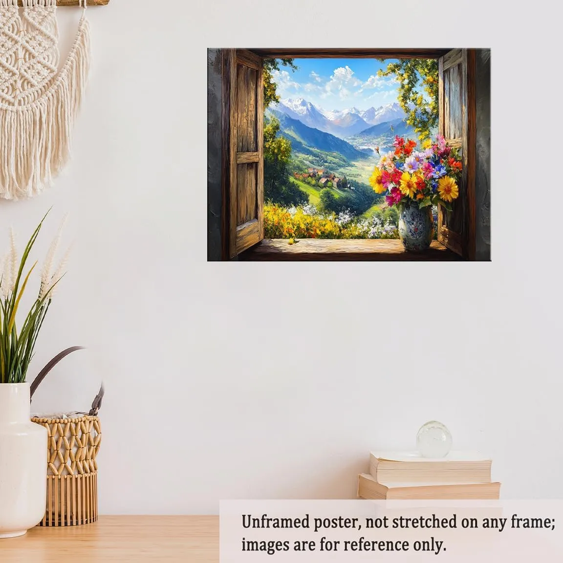Beautiful Summer Alpine Landscape Open Window Canvas Print, Mountain Wall Art for Bedroom, Faux Window Poster-24x36Inch Ready to Hang(Unframed)