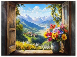 Beautiful Summer Alpine Landscape Open Window Canvas Print, Mountain Wall Art for Bedroom, Faux Window Poster-24x36Inch Ready to Hang(Unframed)
