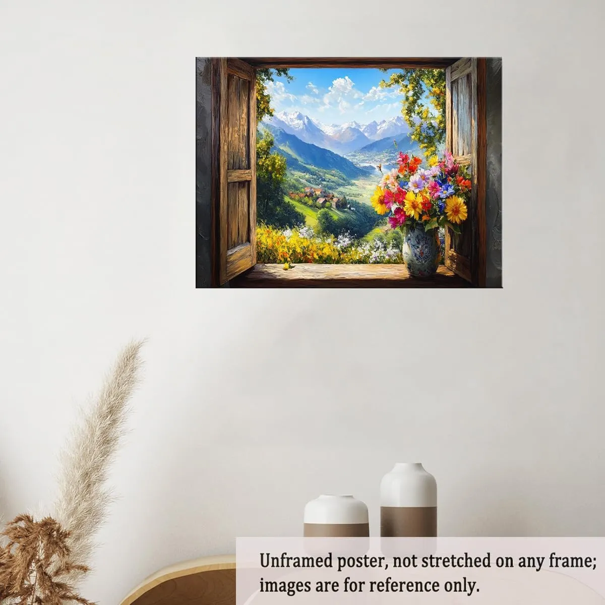 Beautiful Summer Alpine Landscape Open Window Canvas Print, Mountain Wall Art for Bedroom, Faux Window Poster-24x36Inch Ready to Hang(Unframed)