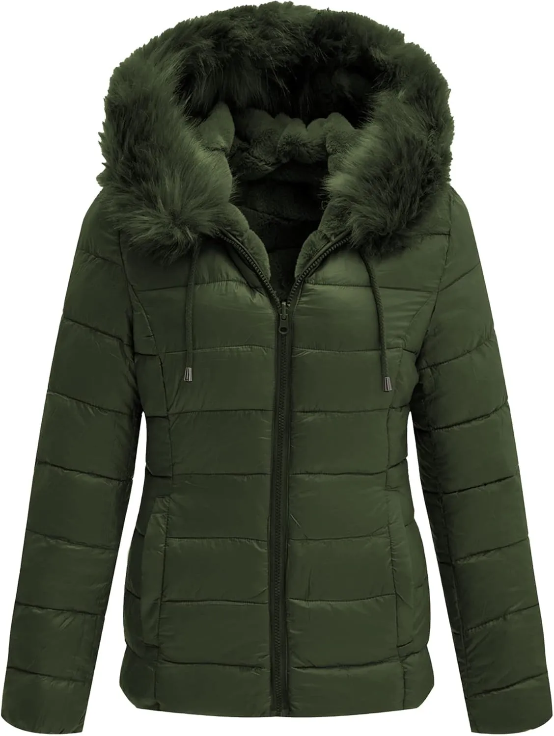 Bellivera Women Double Sided Faux Fur Jacket Spring and Winter Fashion Reversible Hood Puffer Coat with Fur Collar