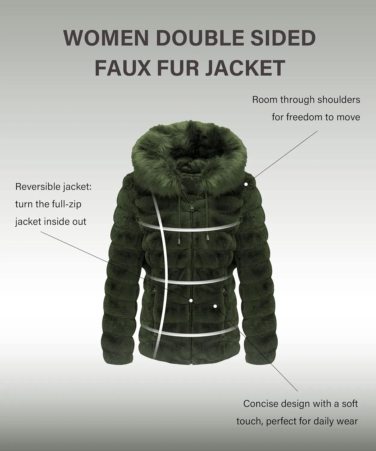 Bellivera Women Double Sided Faux Fur Jacket Spring and Winter Fashion Reversible Hood Puffer Coat with Fur Collar