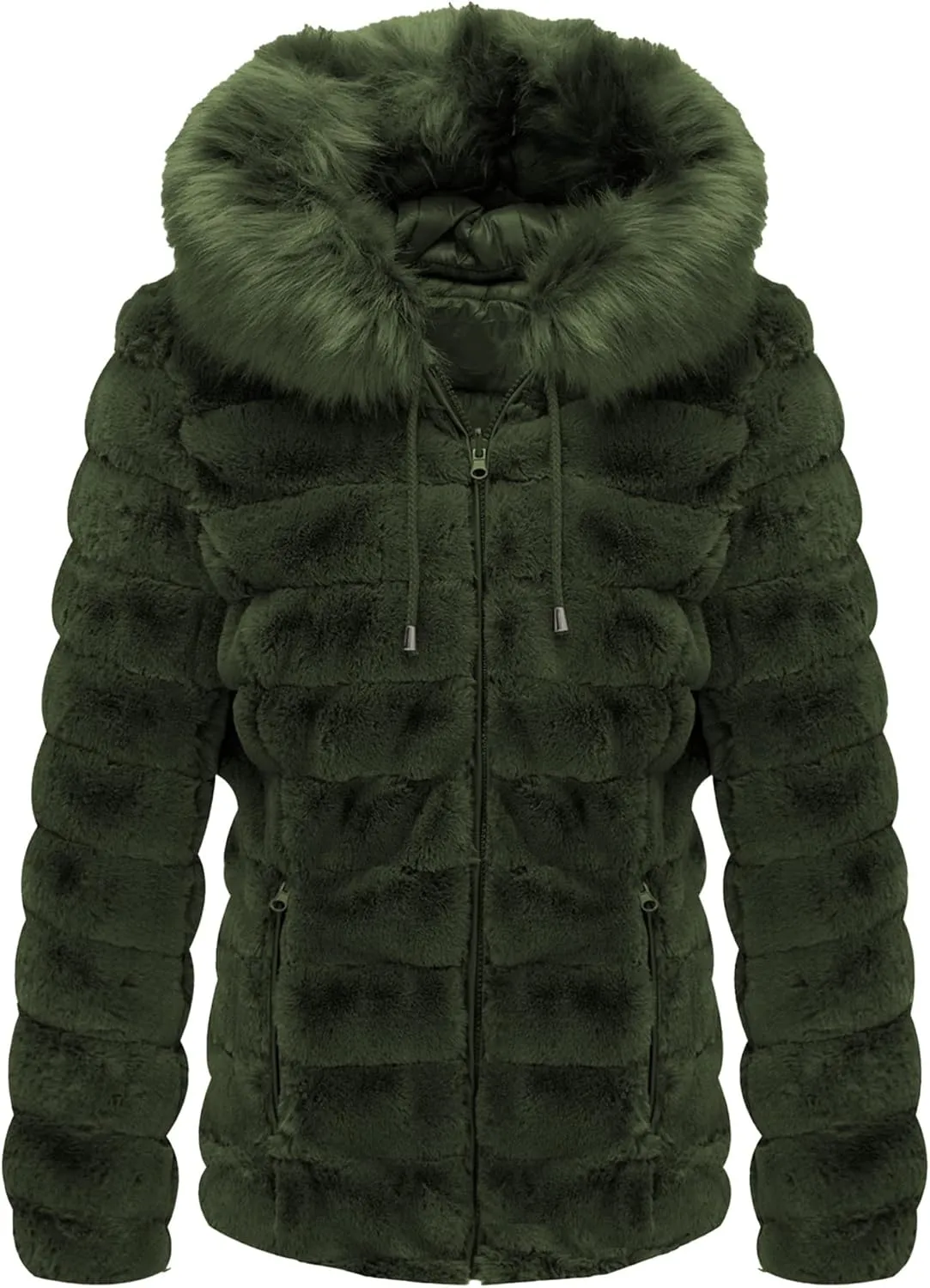 Bellivera Women Double Sided Faux Fur Jacket Spring and Winter Fashion Reversible Hood Puffer Coat with Fur Collar