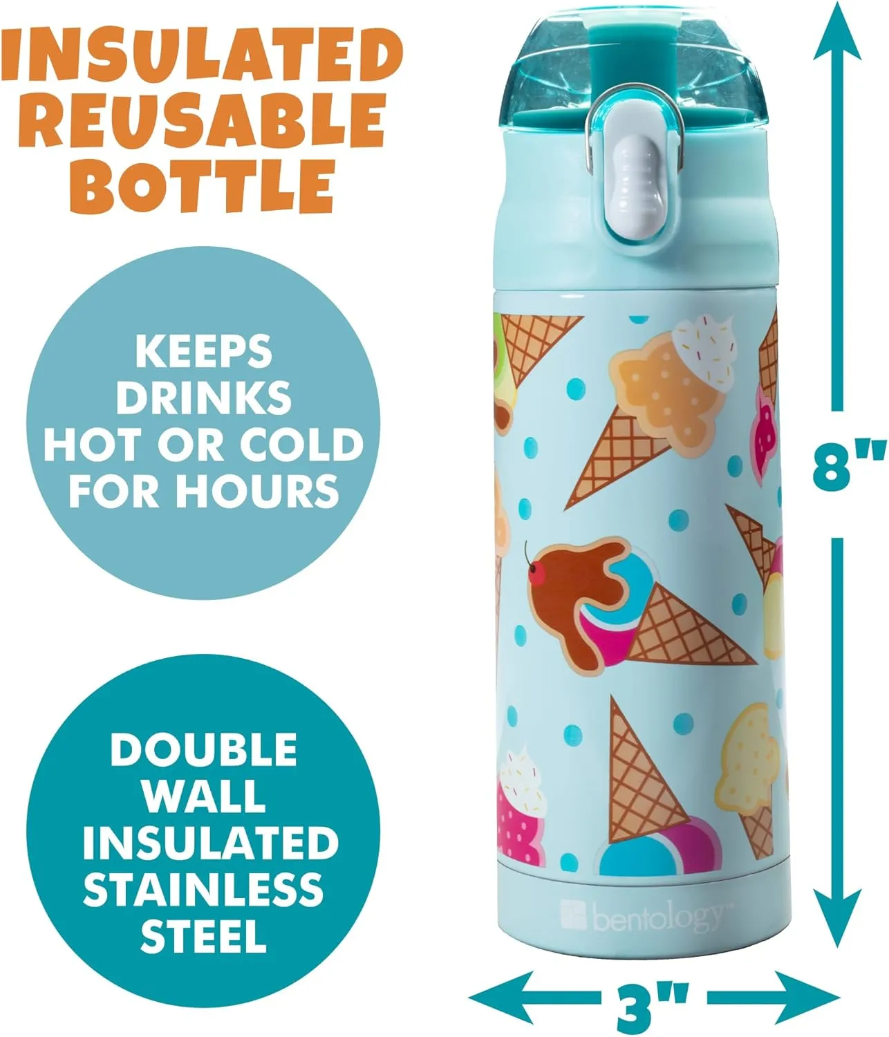 Bentology Stainless Steel 13 oz Reusable Water Bottle for Kids, Ice Cream - Double Wall Insulated, Spill Proof Lid w/Built-in Straw- Keep Liquids Hot or Cold For Hours- Fits in Lunch Boxes & Bags