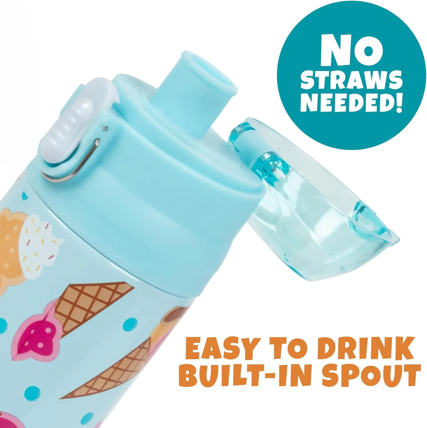 Bentology Stainless Steel 13 oz Reusable Water Bottle for Kids, Ice Cream - Double Wall Insulated, Spill Proof Lid w/Built-in Straw- Keep Liquids Hot or Cold For Hours- Fits in Lunch Boxes & Bags