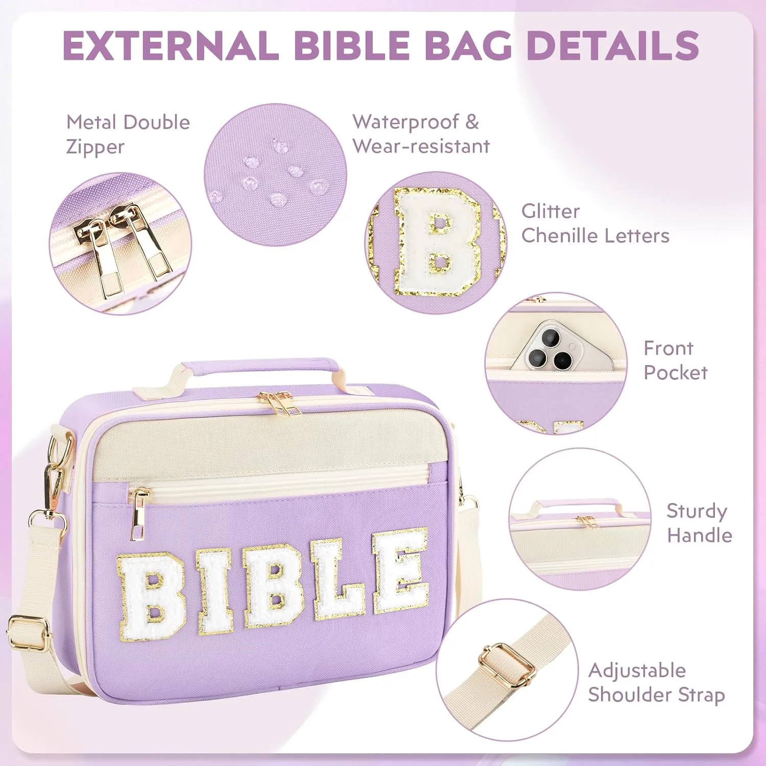 Bible Cover Case for Women Grils, Preppy Bible Bag with Adjustable Shoulder Strap, Waterproof Bible Carrying Tote Bags Holder for Bible Study Supplies Accessories & Christian Gifts (Purple)