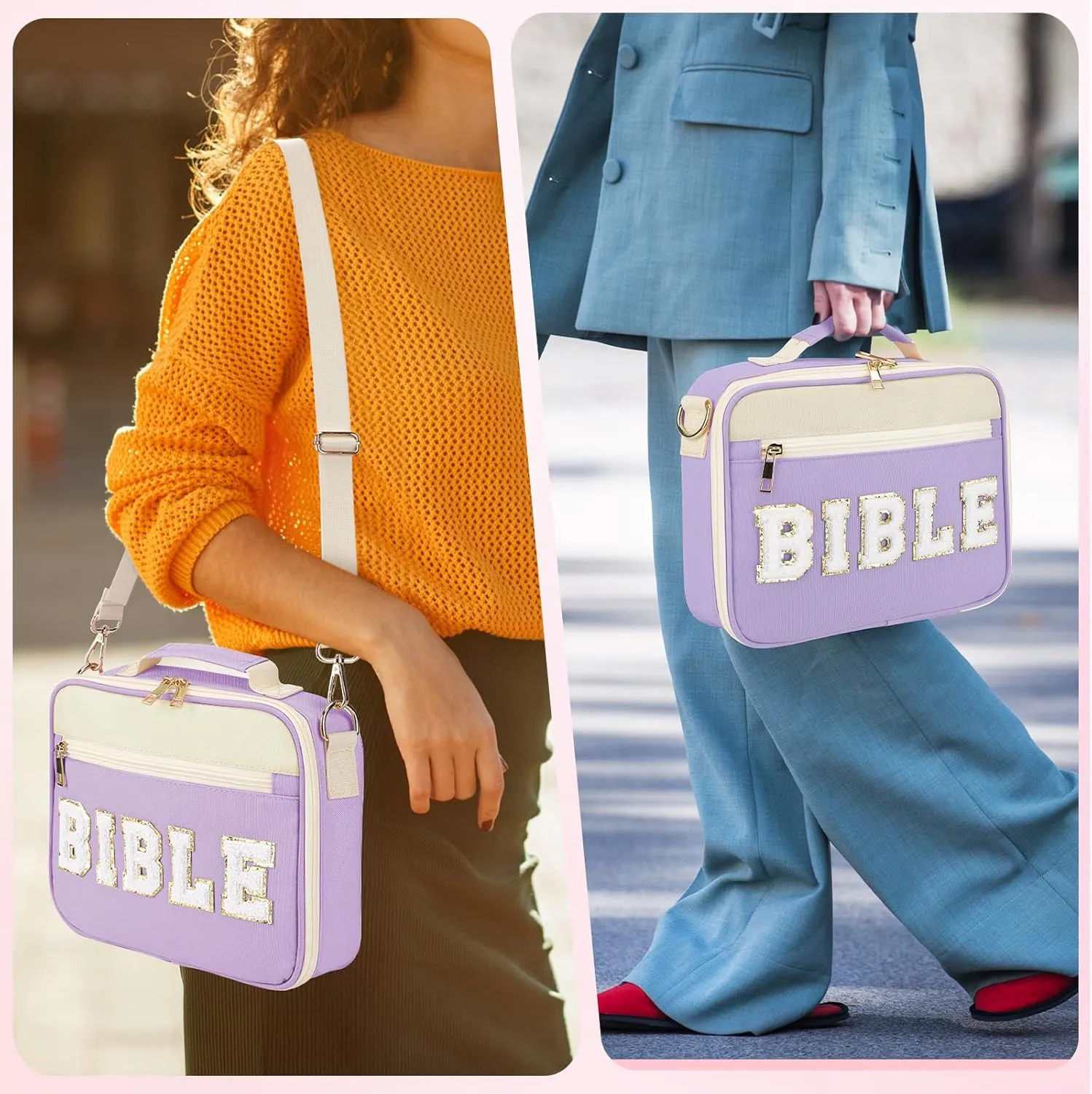 Bible Cover Case for Women Grils, Preppy Bible Bag with Adjustable Shoulder Strap, Waterproof Bible Carrying Tote Bags Holder for Bible Study Supplies Accessories & Christian Gifts (Purple)