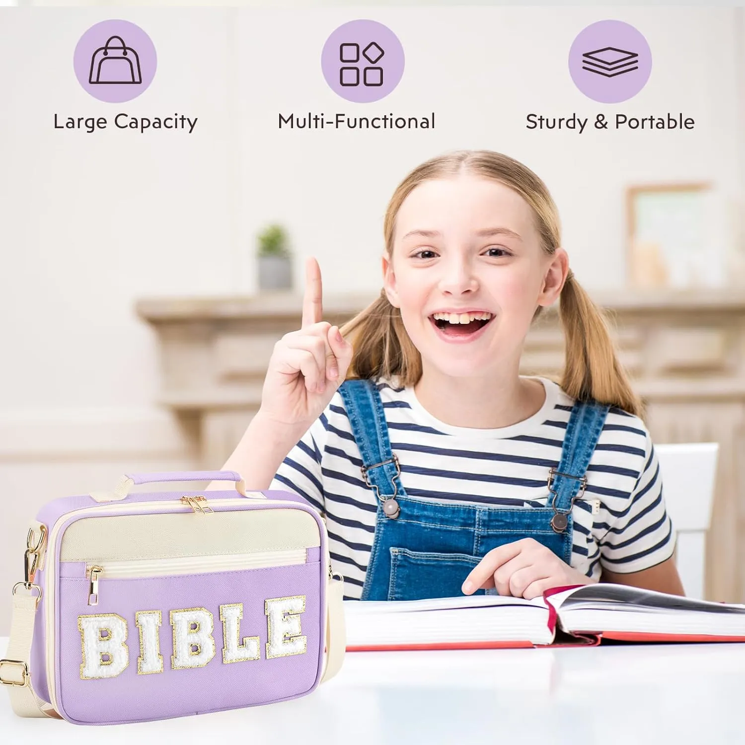 Bible Cover Case for Women Grils, Preppy Bible Bag with Adjustable Shoulder Strap, Waterproof Bible Carrying Tote Bags Holder for Bible Study Supplies Accessories & Christian Gifts (Purple)