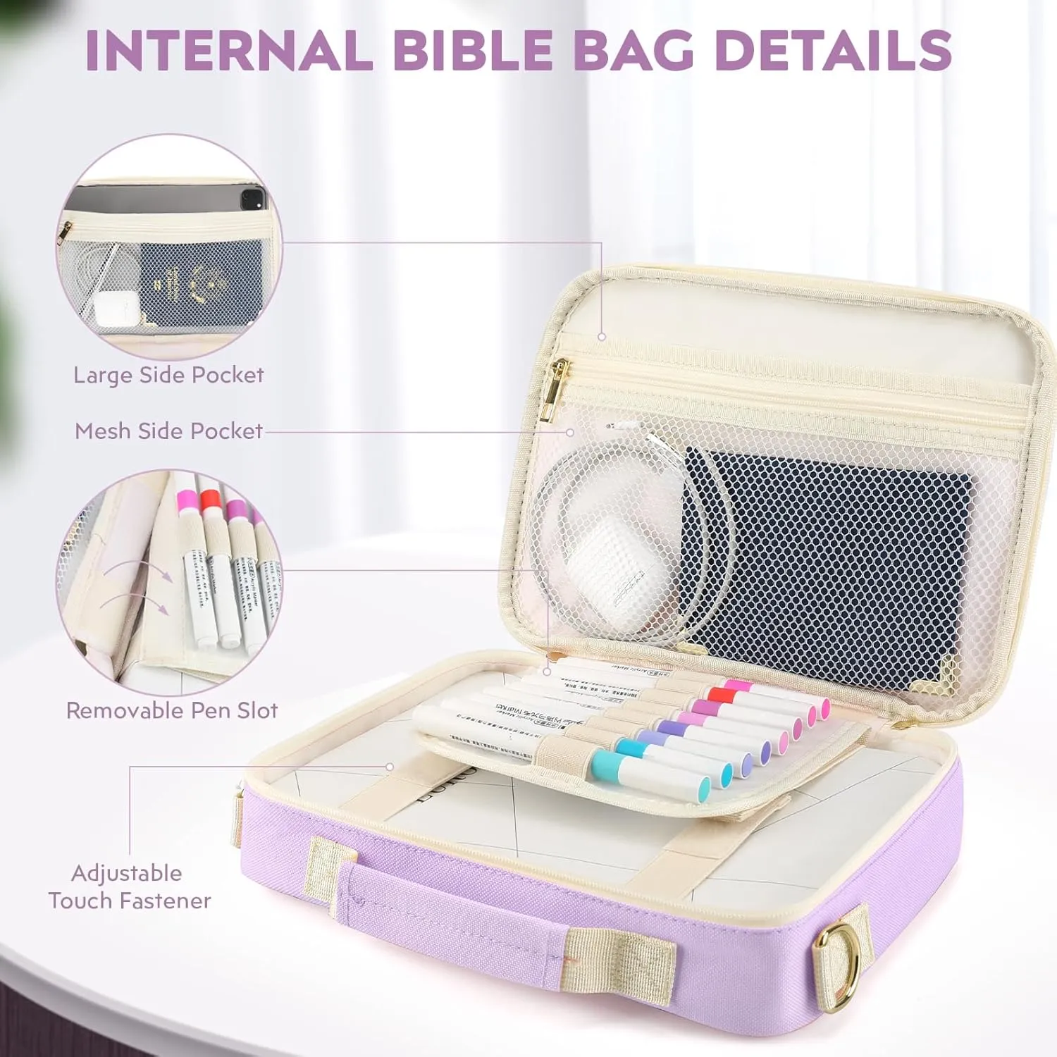 Bible Cover Case for Women Grils, Preppy Bible Bag with Adjustable Shoulder Strap, Waterproof Bible Carrying Tote Bags Holder for Bible Study Supplies Accessories & Christian Gifts (Purple)