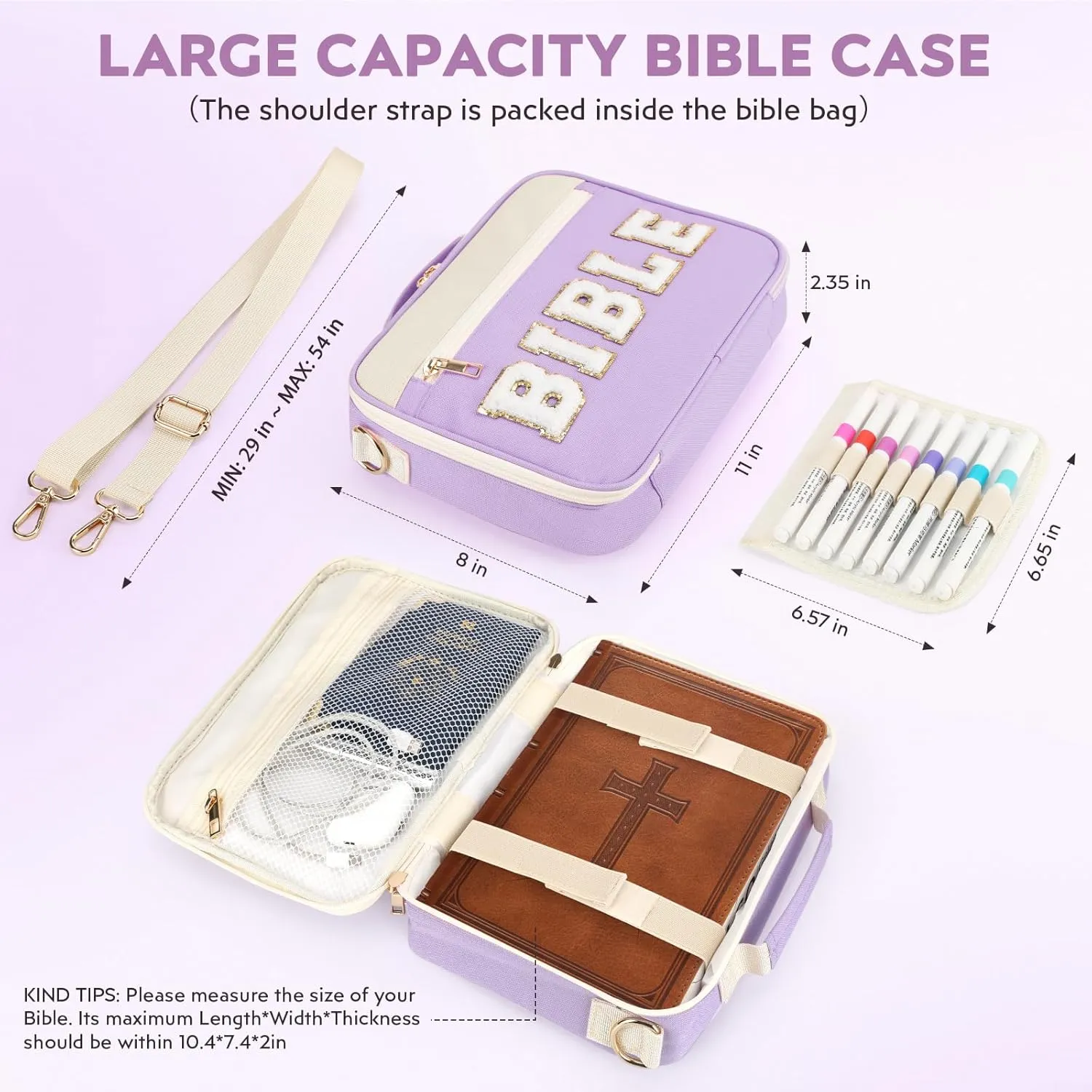 Bible Cover Case for Women Grils, Preppy Bible Bag with Adjustable Shoulder Strap, Waterproof Bible Carrying Tote Bags Holder for Bible Study Supplies Accessories & Christian Gifts (Purple)