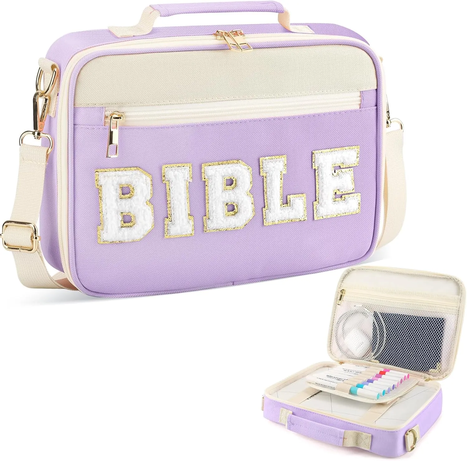 Bible Cover Case for Women Grils, Preppy Bible Bag with Adjustable Shoulder Strap, Waterproof Bible Carrying Tote Bags Holder for Bible Study Supplies Accessories & Christian Gifts (Purple)