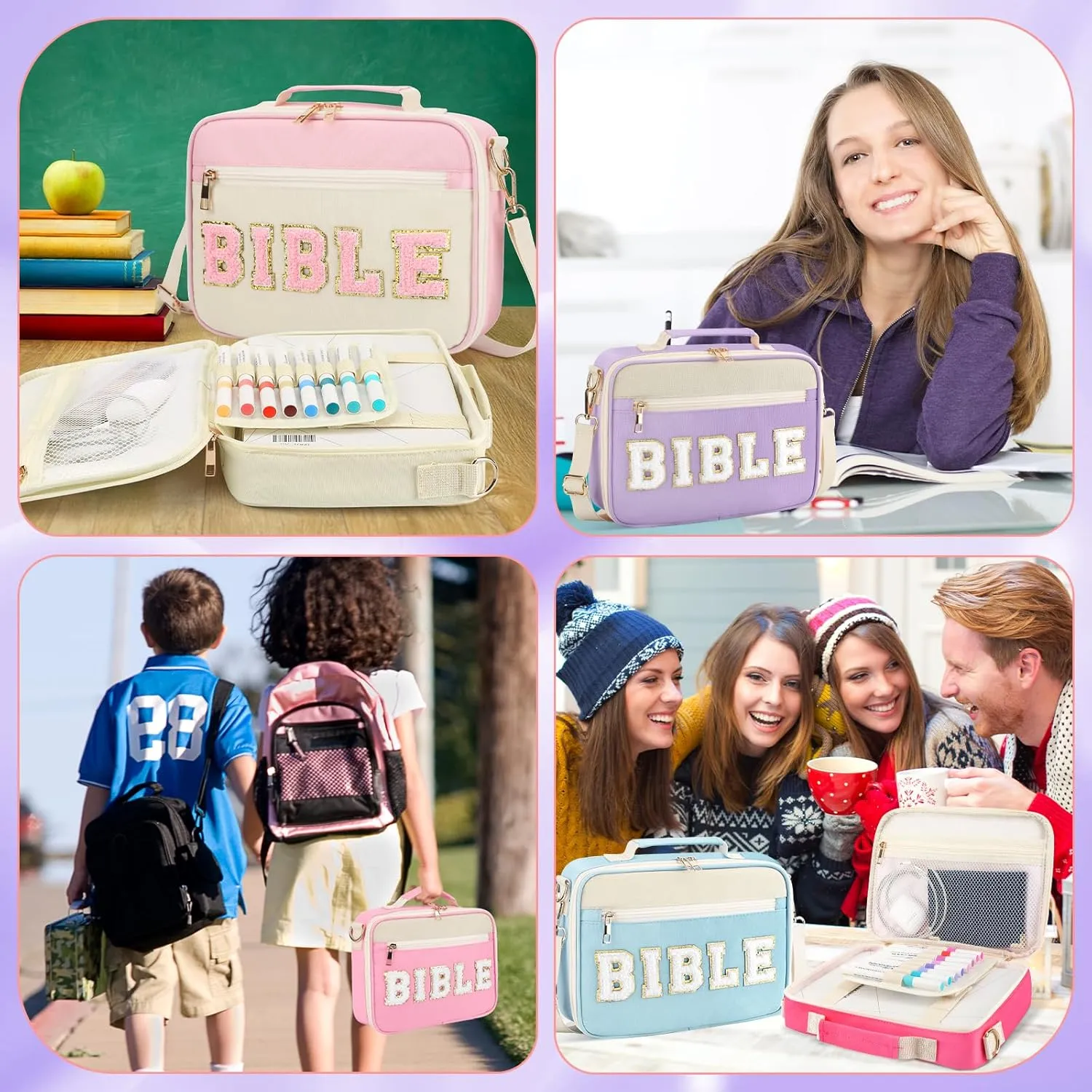Bible Cover Case for Women Grils, Preppy Bible Bag with Adjustable Shoulder Strap, Waterproof Bible Carrying Tote Bags Holder for Bible Study Supplies Accessories & Christian Gifts (Purple)