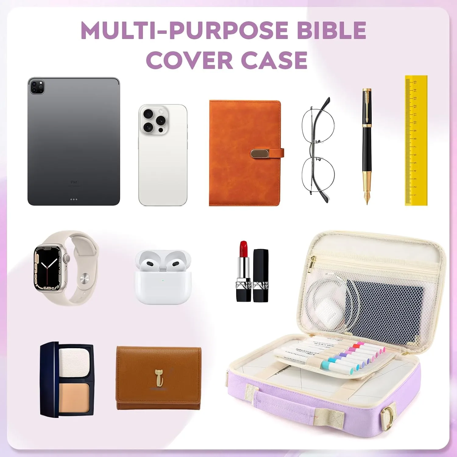 Bible Cover Case for Women Grils, Preppy Bible Bag with Adjustable Shoulder Strap, Waterproof Bible Carrying Tote Bags Holder for Bible Study Supplies Accessories & Christian Gifts (Purple)