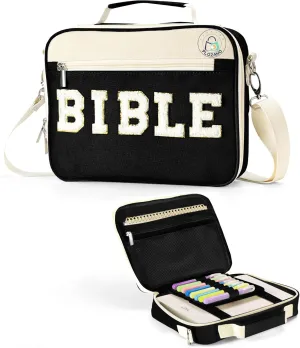 Bible Cover Case for Women, Large Chenille Letter Bible Bag with Shoulder Strap,Black Bible Carrying Tote Bags for Bible Study Accessories, Gift for Women Lady Teen Grils (Black)