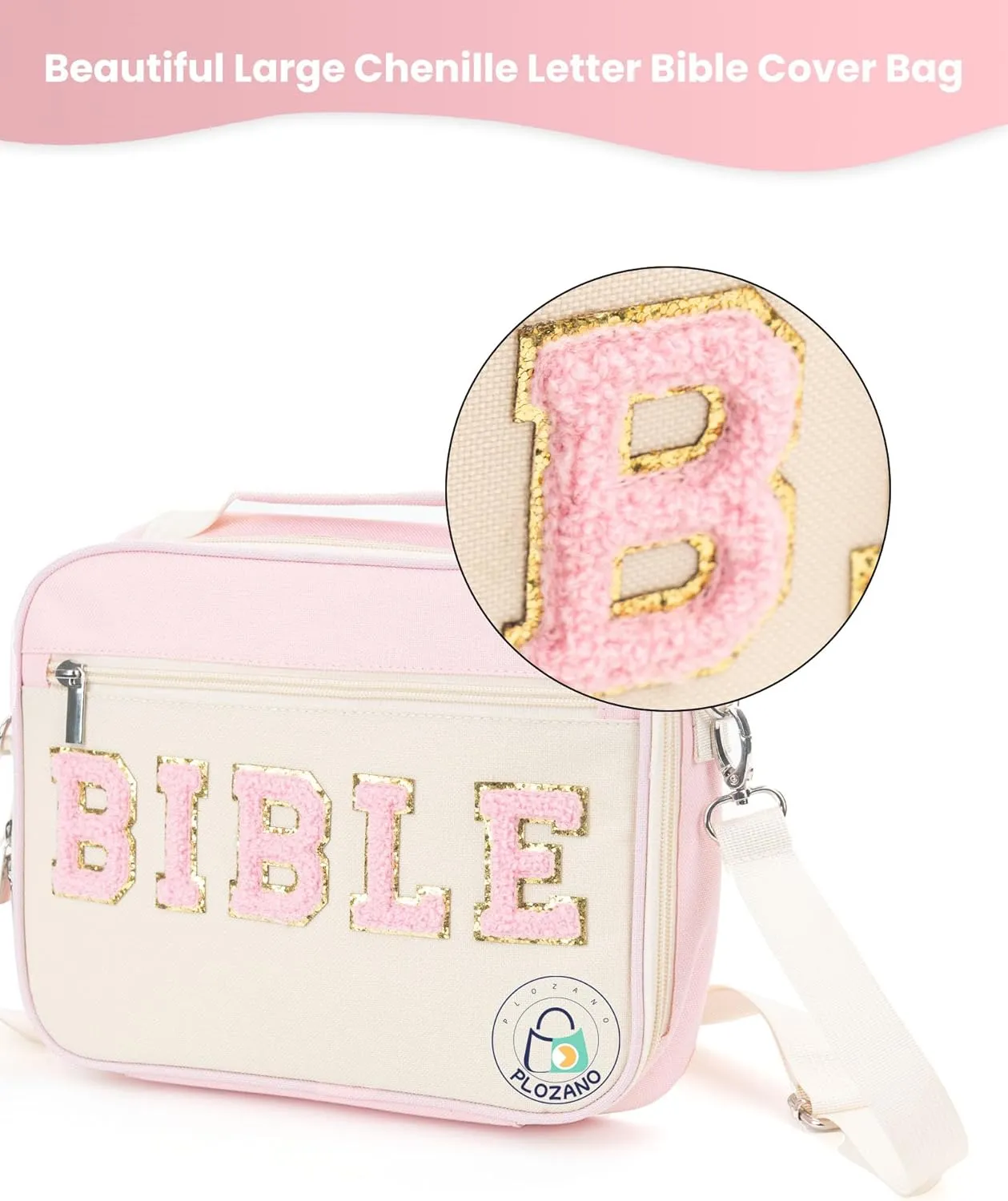 Bible Cover Case for Women, Large Chenille Letter Bible Bag with Shoulder Strap,Pink Bible Carrying Tote Bags for Bible Study Accessories, for Women Lady Teen Grils