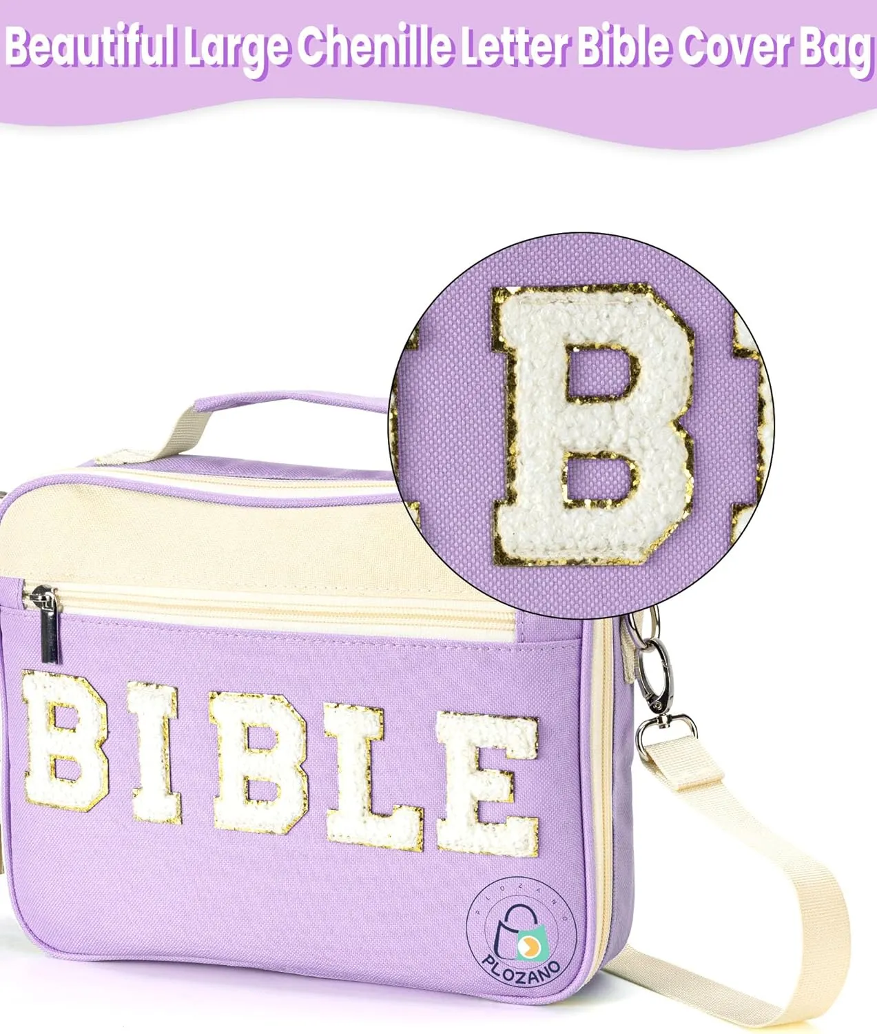Bible Cover Case for Women, Large Chenille Letter Bible Bag with Shoulder Strap,Purple Bible Carrying Tote Bags for Bible Study Accessories, for Women Lady Teen Grils (Purple)