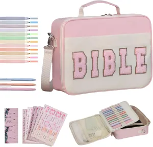 Bible Cover for Women Bible Case,Bible Bag W/Shoulder Strap,Bible Carrying Case W/Zipper Pocket,Detachable Pen Slot,Bible Study Supplies Bible Journaling Kit with Highlighters Tabs