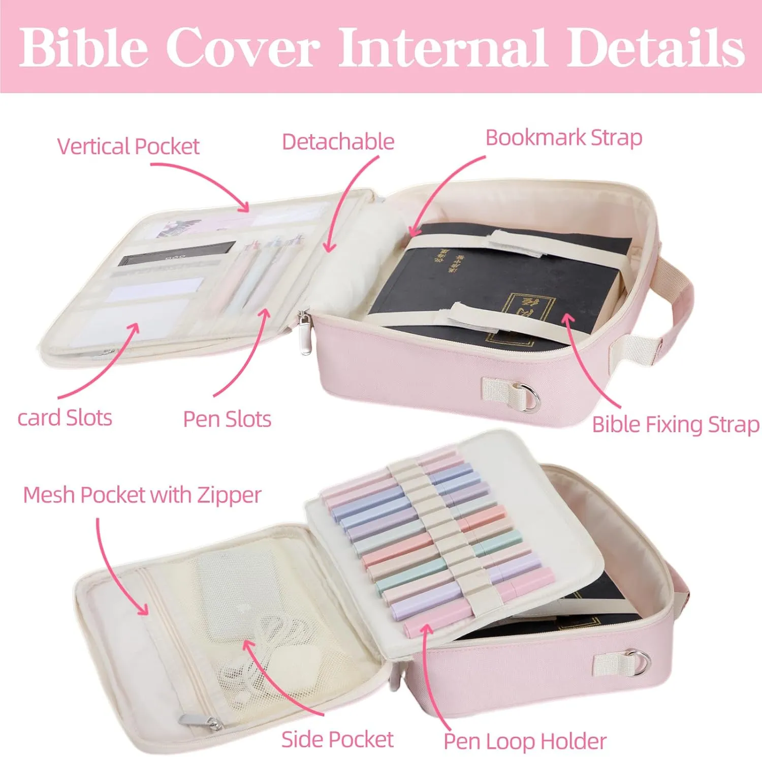 Bible Cover for Women Bible Case,Bible Bag W/Shoulder Strap,Bible Carrying Case W/Zipper Pocket,Detachable Pen Slot,Bible Study Supplies Bible Journaling Kit with Highlighters Tabs