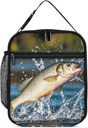 Big Mouth Bass Bites Bait Lunch Bag for Adults, Portable Insulated Lunch Tote Bags with Handle And Bottle Pocket, Leakproof Reusable Lunchbox for Work, Picnic, Travel