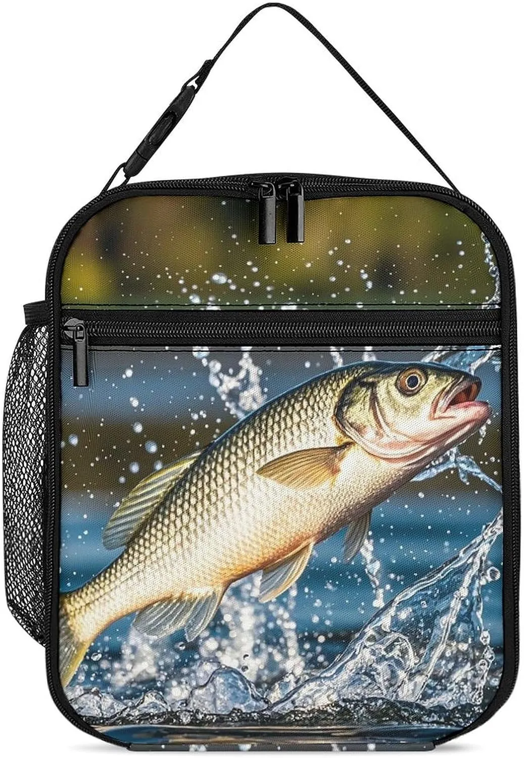 Big Mouth Bass Bites Bait Lunch Bag for Adults, Portable Insulated Lunch Tote Bags with Handle And Bottle Pocket, Leakproof Reusable Lunchbox for Work, Picnic, Travel