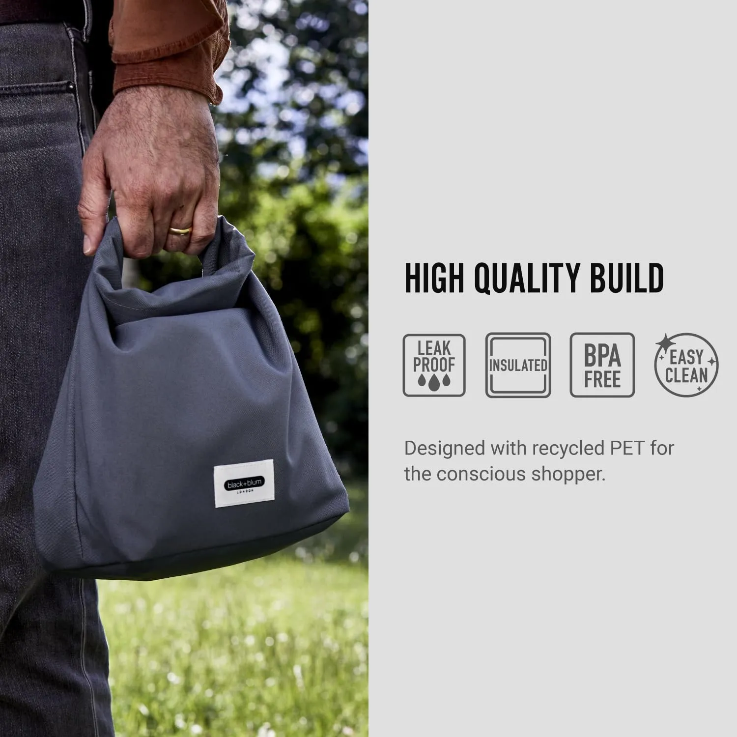BLACK   BLUM Insulated Lunch Bag, 6.7L - Leak Proof Bag for Adults and Kids with Roll Top Construction - Made with Recycled PET and BPA Free - Food Bag for On The Go, Slate