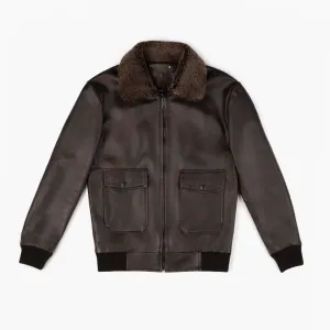 Black Coffee Leather Flight Jacket with Shearling Collar