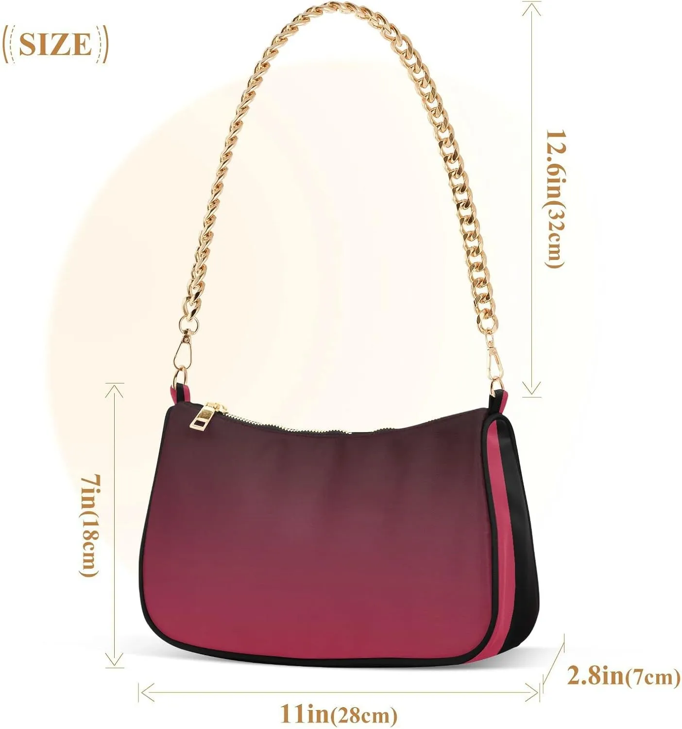 Black Red Gradient Shoulder Bag for Women Fabric Crescent Handbag with Zipper Chain Clutch Purses