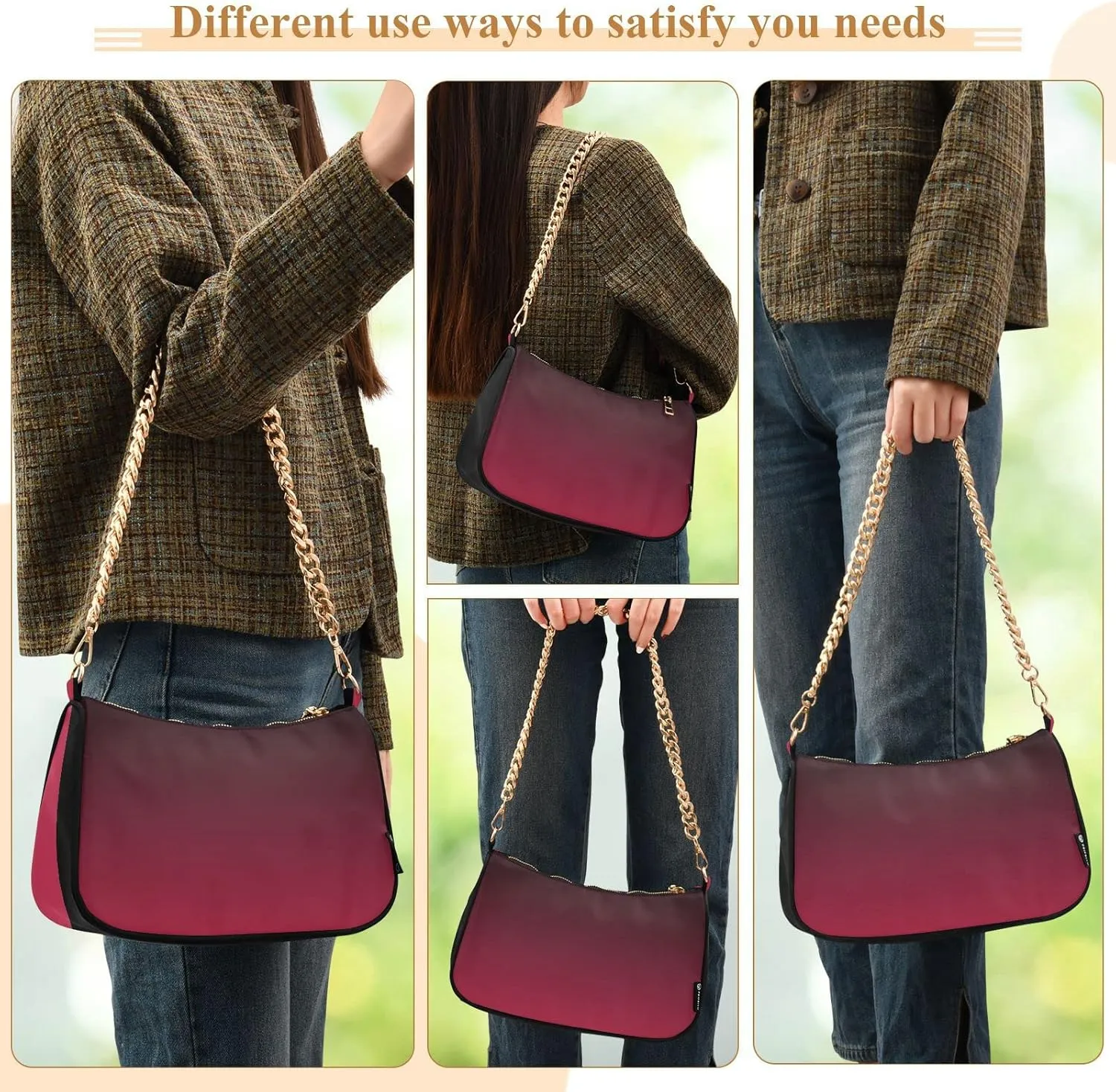 Black Red Gradient Shoulder Bag for Women Fabric Crescent Handbag with Zipper Chain Clutch Purses