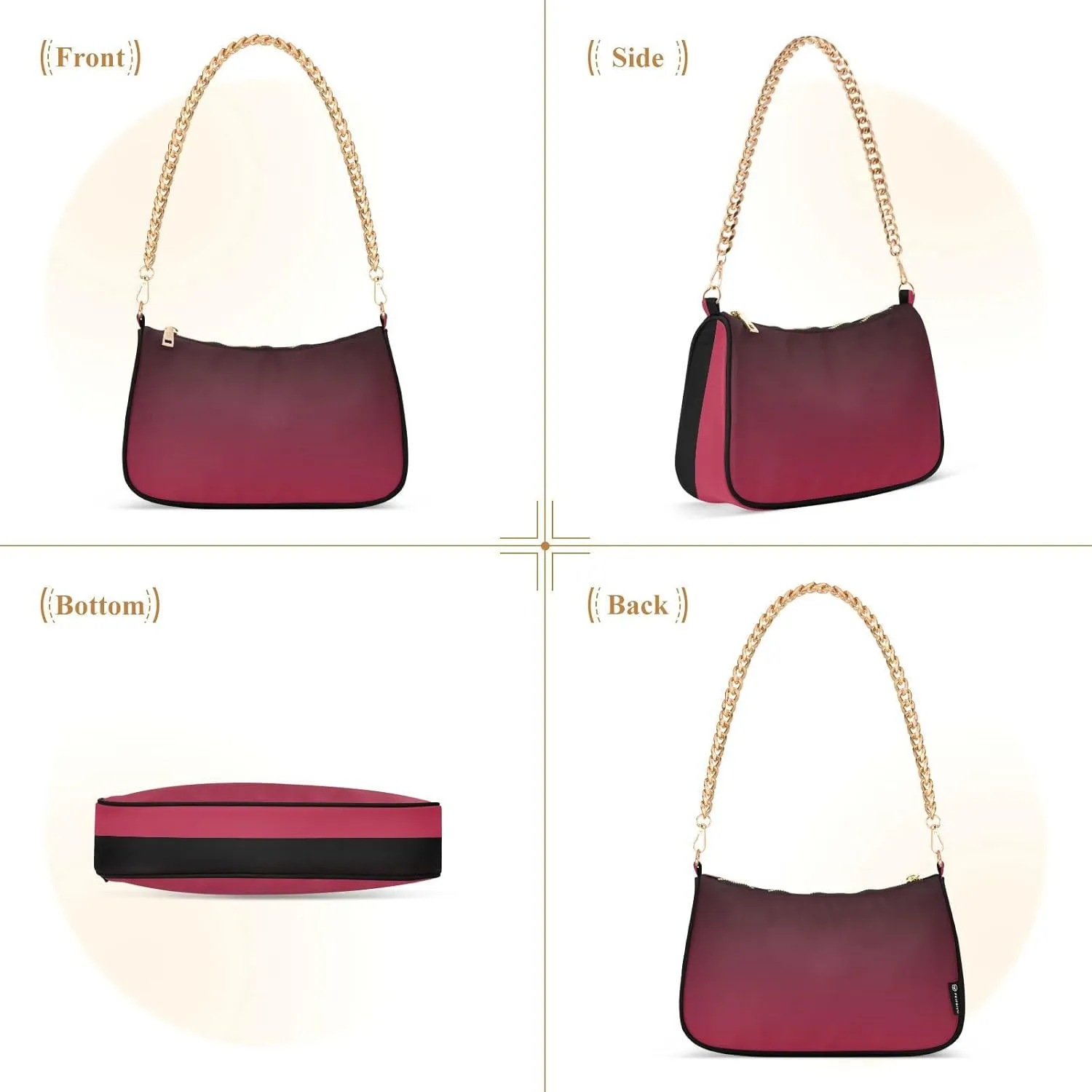 Black Red Gradient Shoulder Bag for Women Fabric Crescent Handbag with Zipper Chain Clutch Purses