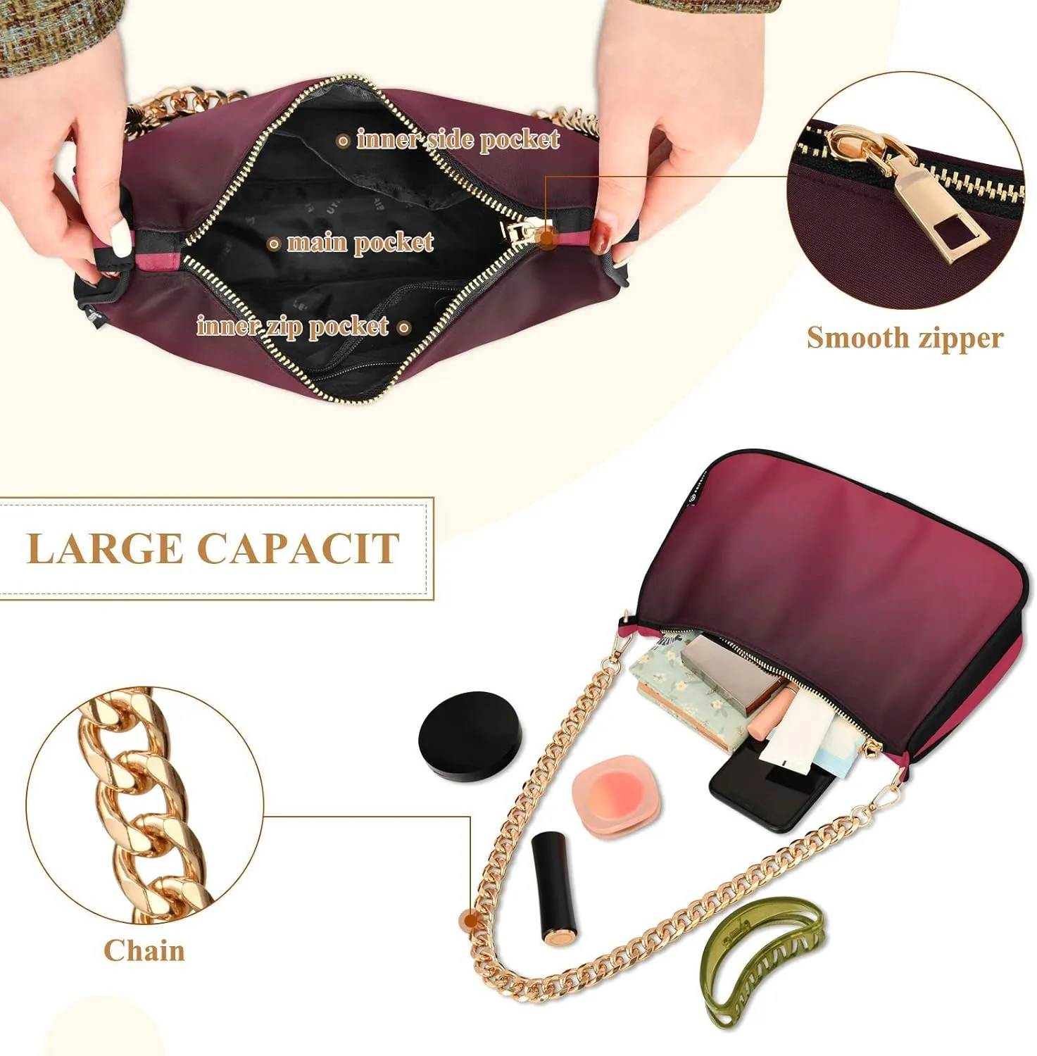Black Red Gradient Shoulder Bag for Women Fabric Crescent Handbag with Zipper Chain Clutch Purses