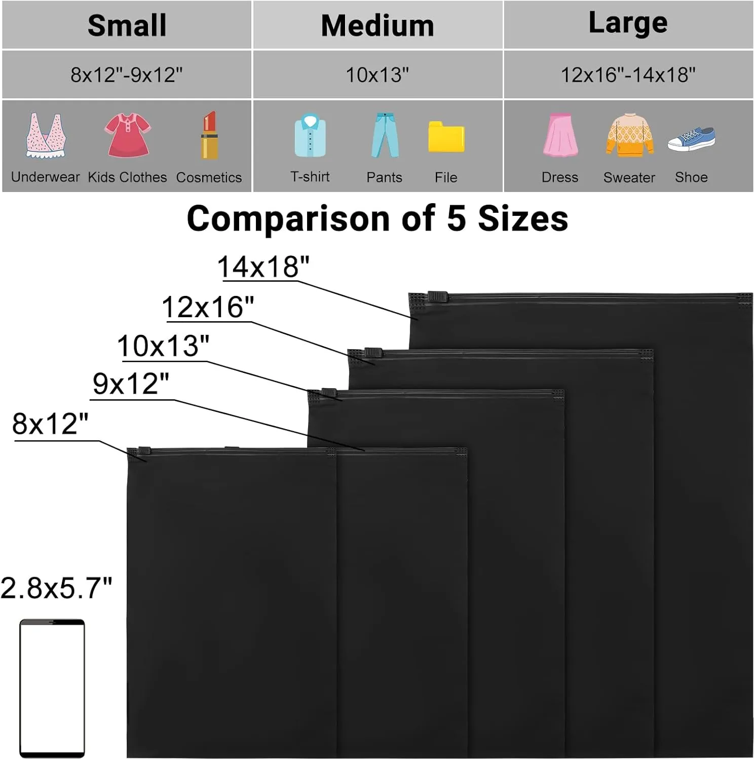 Black T Shirt Bags, 10x13 inch, Pack of 50, Frosted Zipper Bags for Clothes Packaging, Shipping, Mailing, Selling, Travel, Waterproof for Swimsuit, Bathing Suit, Pants, Stuffed Animals, File