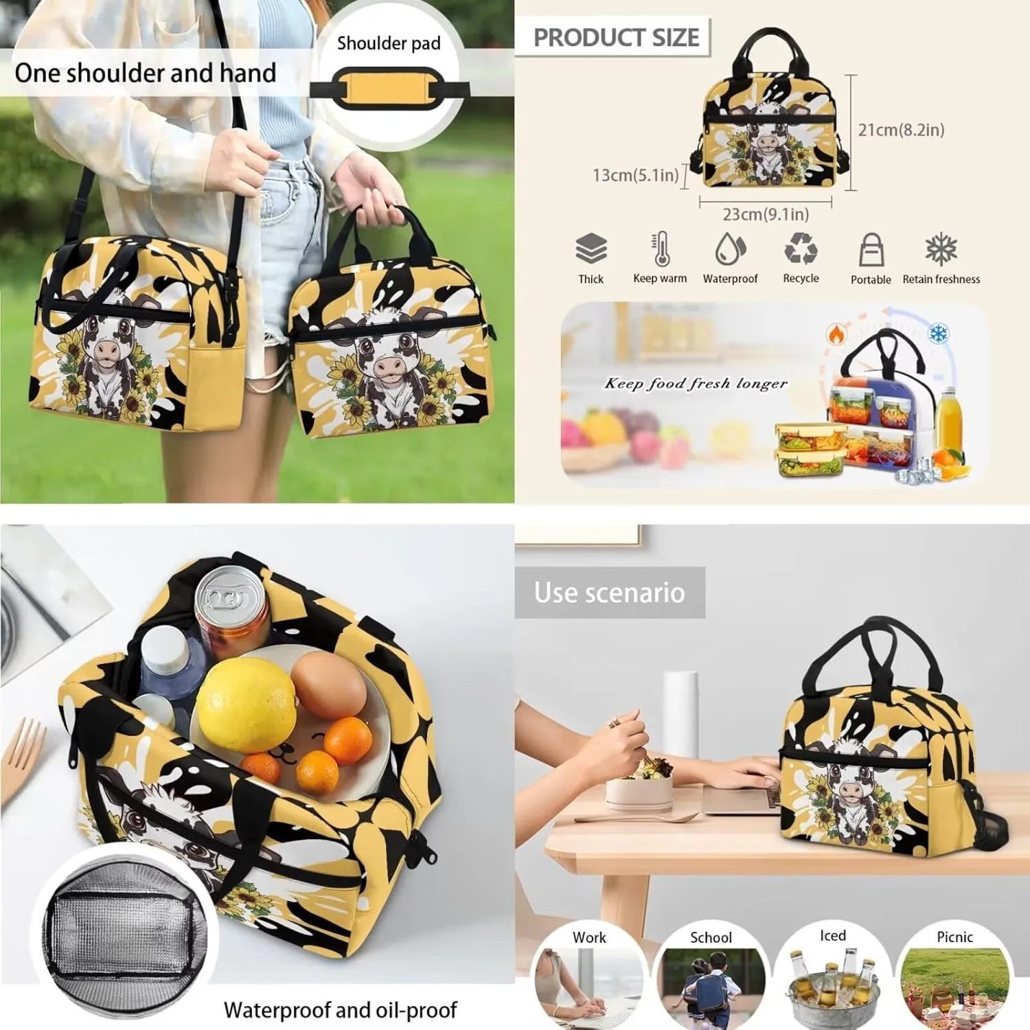 Black White Cow Backpack with Lunch Box Pencil Case Sunflower Print Bookbag 3 in 1 Set for Teens Children Preschool Elementary School Student Lightweight 12 Inch School Bags Daypack
