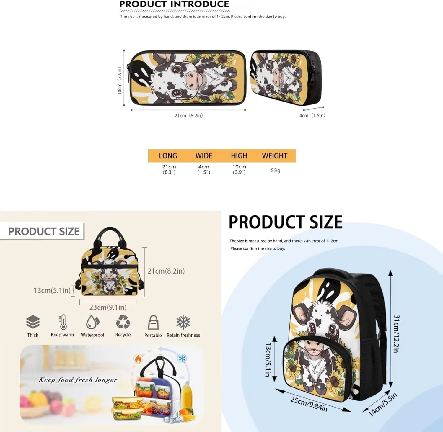 Black White Cow Backpack with Lunch Box Pencil Case Sunflower Print Bookbag 3 in 1 Set for Teens Children Preschool Elementary School Student Lightweight 12 Inch School Bags Daypack