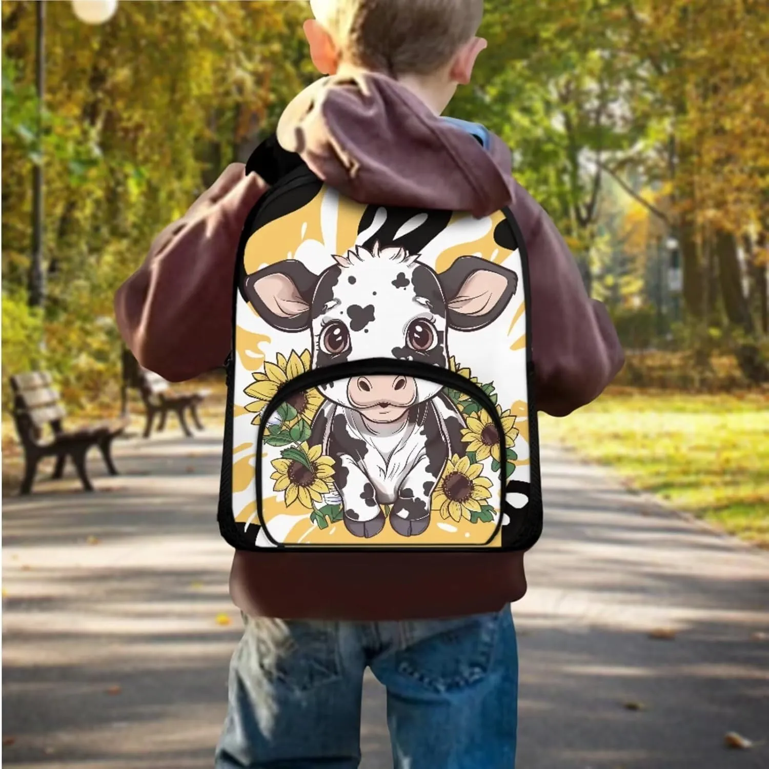 Black White Cow Backpack with Lunch Box Pencil Case Sunflower Print Bookbag 3 in 1 Set for Teens Children Preschool Elementary School Student Lightweight 12 Inch School Bags Daypack