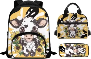 Black White Cow Backpack with Lunch Box Pencil Case Sunflower Print Bookbag 3 in 1 Set for Teens Children Preschool Elementary School Student Lightweight 12 Inch School Bags Daypack