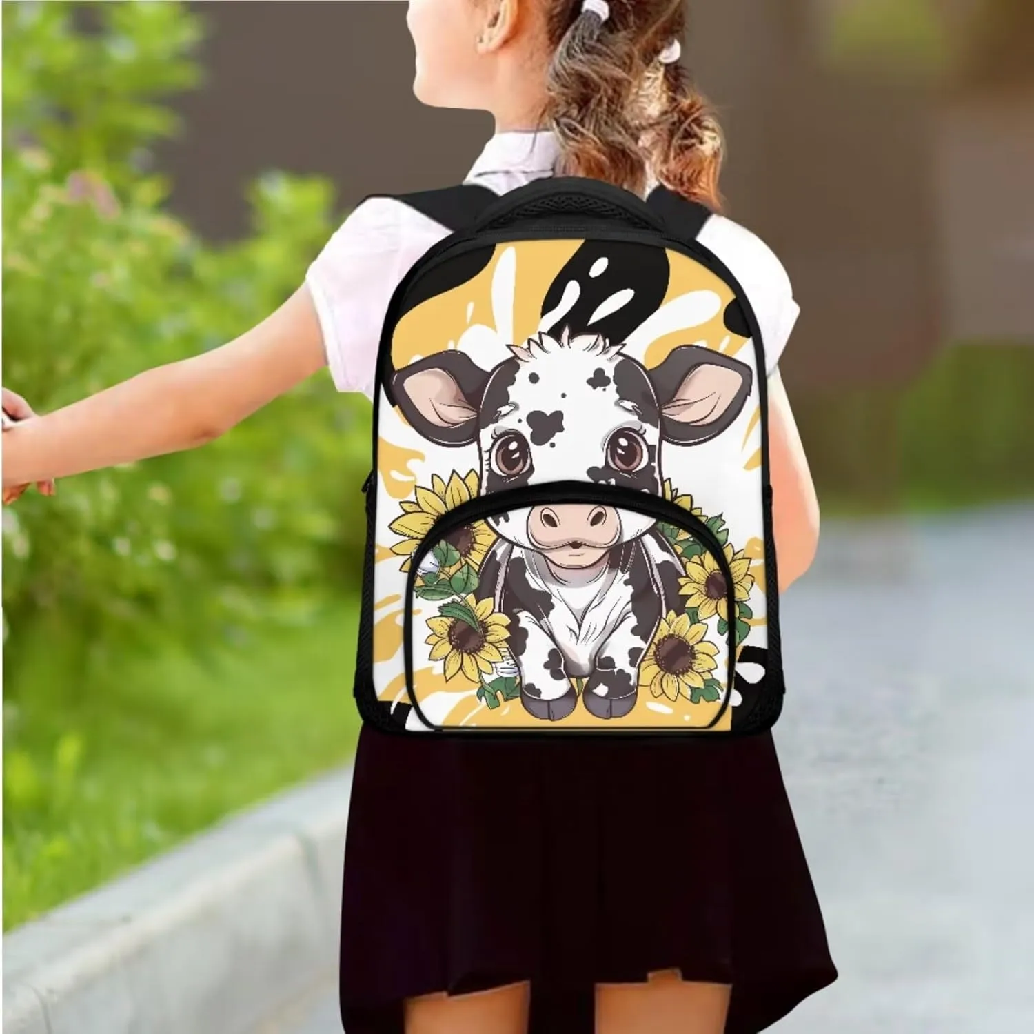 Black White Cow Backpack with Lunch Box Pencil Case Sunflower Print Bookbag 3 in 1 Set for Teens Children Preschool Elementary School Student Lightweight 12 Inch School Bags Daypack