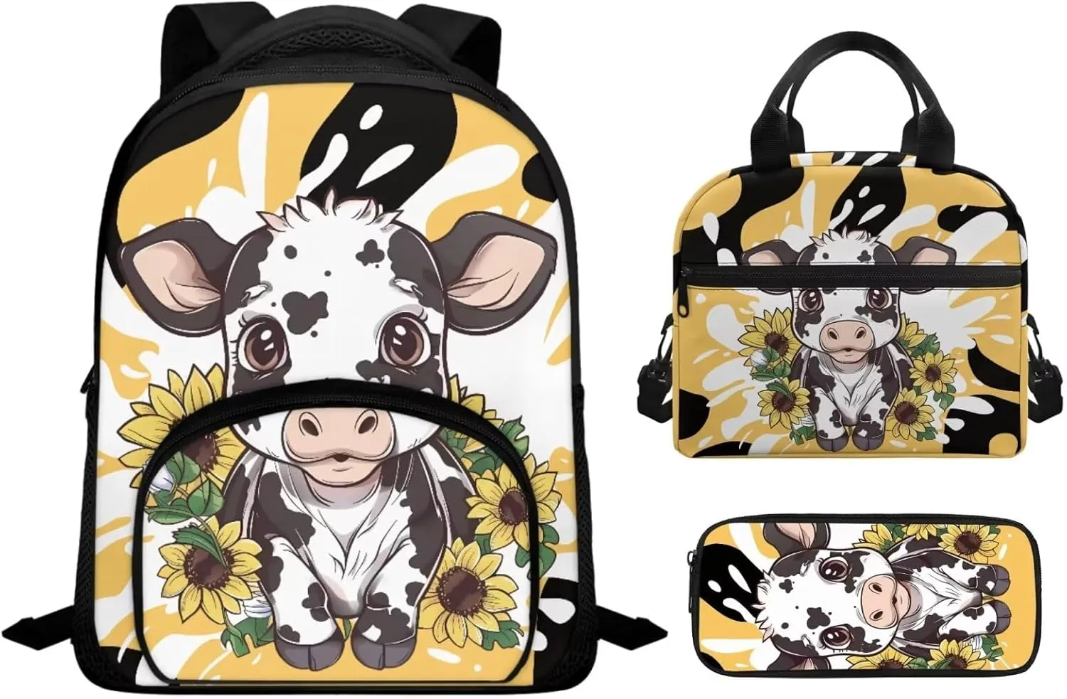 Black White Cow Backpack with Lunch Box Pencil Case Sunflower Print Bookbag 3 in 1 Set for Teens Children Preschool Elementary School Student Lightweight 12 Inch School Bags Daypack