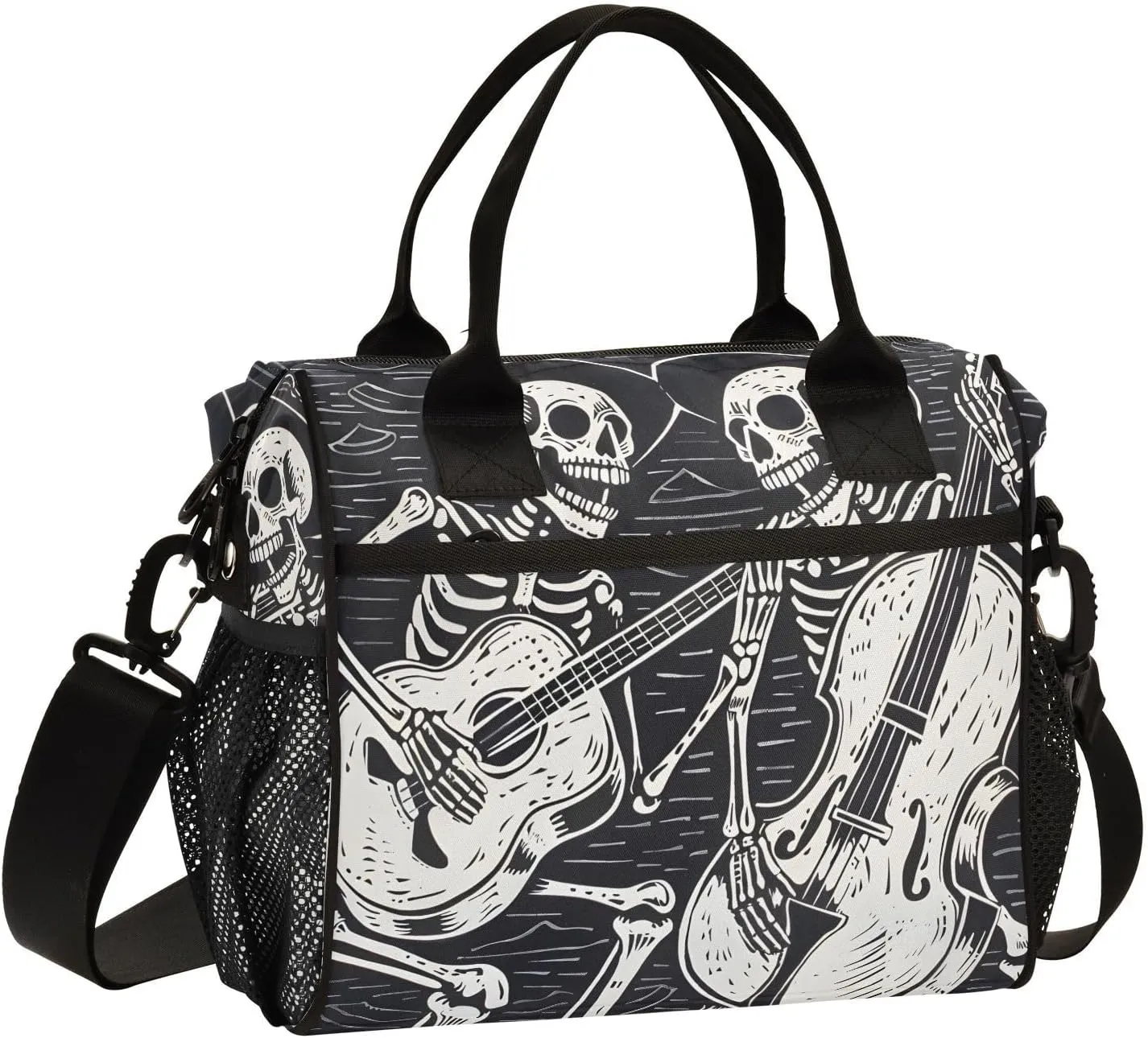 Black Woodcut Skeletons Funny Skull Lunch Bag Women Cooler Bags Lunch Tote Bags for Men Reusable Insulated Lunch Box Crossbody with Shoulder Strap Leakproof Work Picnic S