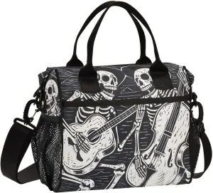 Black Woodcut Skeletons Funny Skull Lunch Bag Women Cooler Bags Lunch Tote Bags for Men Reusable Insulated Lunch Box Crossbody with Shoulder Strap Leakproof Work Picnic S